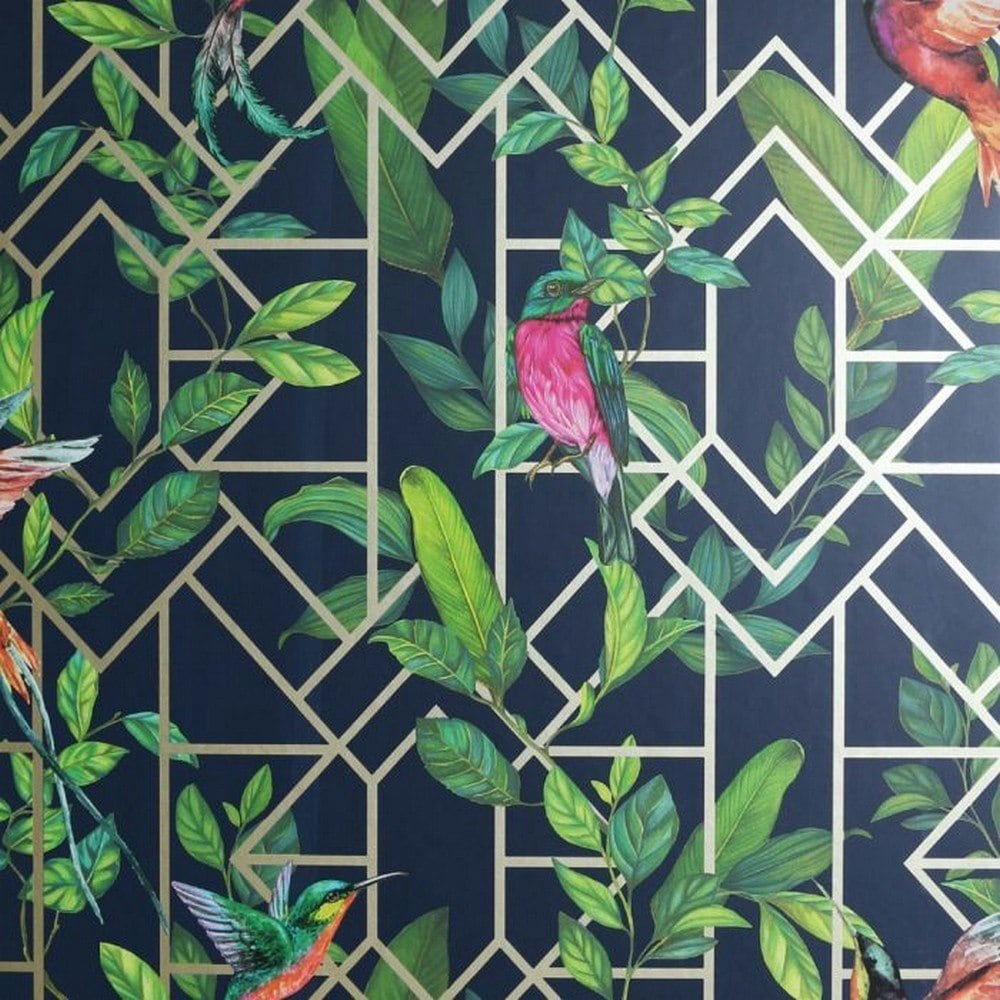 Arthouse Deco Tropical Wallpaper - Navy/Gold - One Size Blue