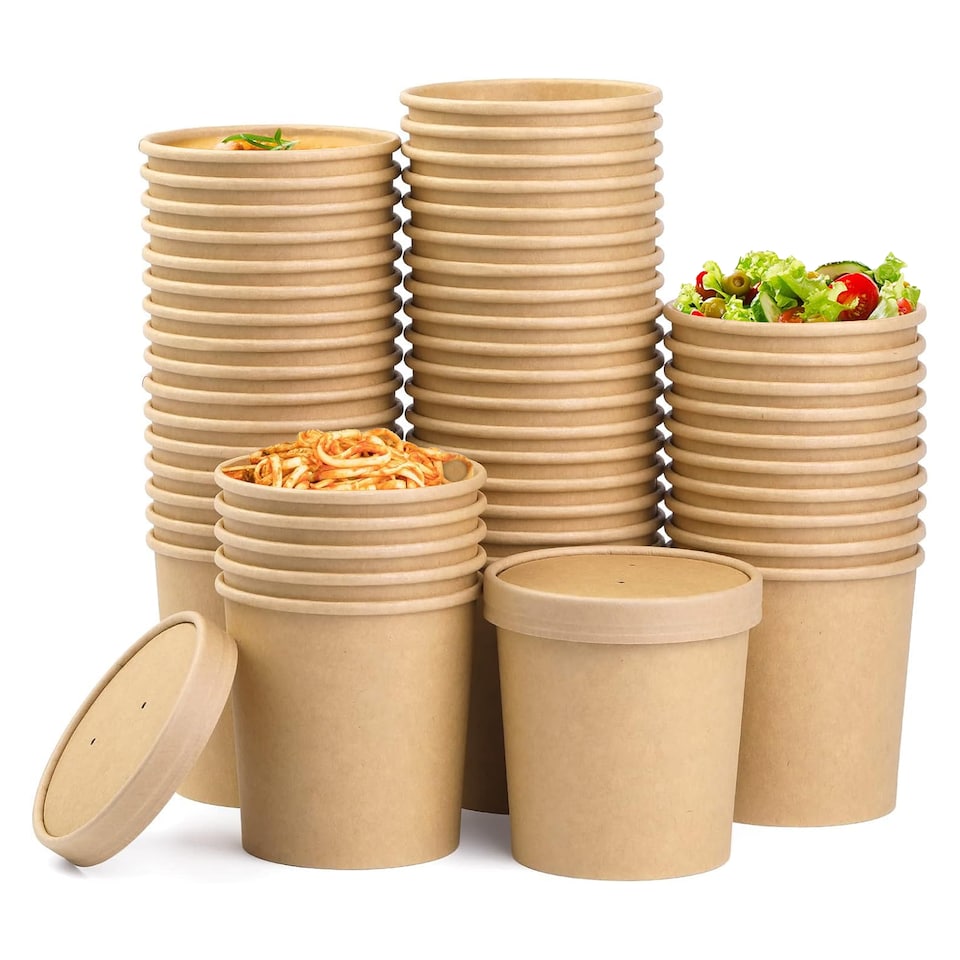 image 1 of ECONX 16oz Disposable Soup Containers with Lids Paper Bowl Takeaway Tubs for Hot or Cold Food 25pc