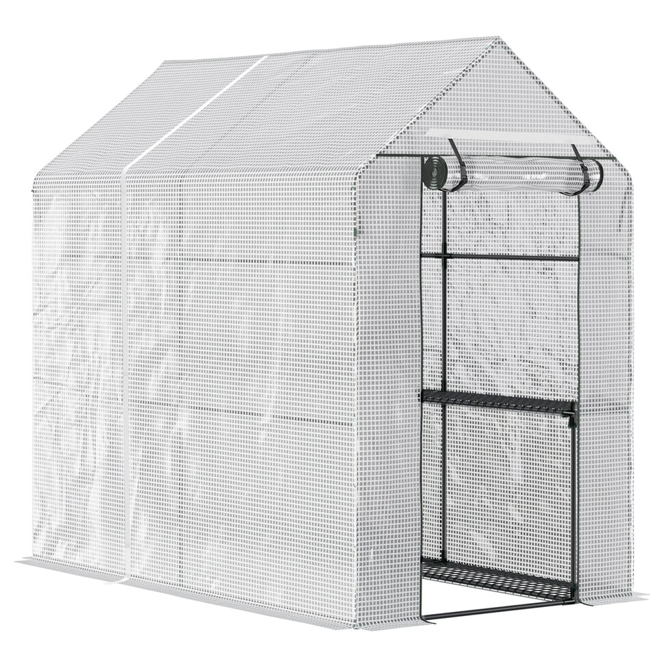 image 1 of Outsunny Walk in Greenhouse wShelves Steeple Grow House White