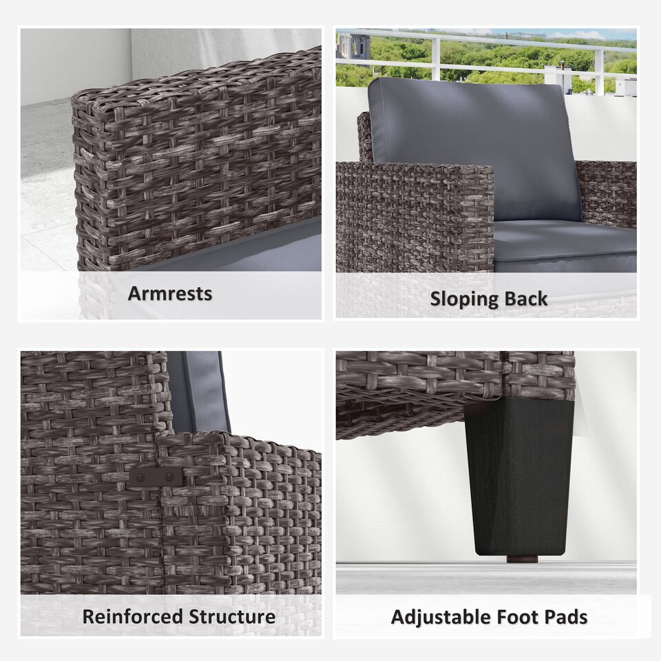 image 1 of Outsunny Single Seater Rattan Garden Armchair, PE Wicker Rattan Chair with Armrests and Cushions, Garden Chair with Galvanised Steel Frame for Conservatory, Porch, Dark Grey | Grey | One Size