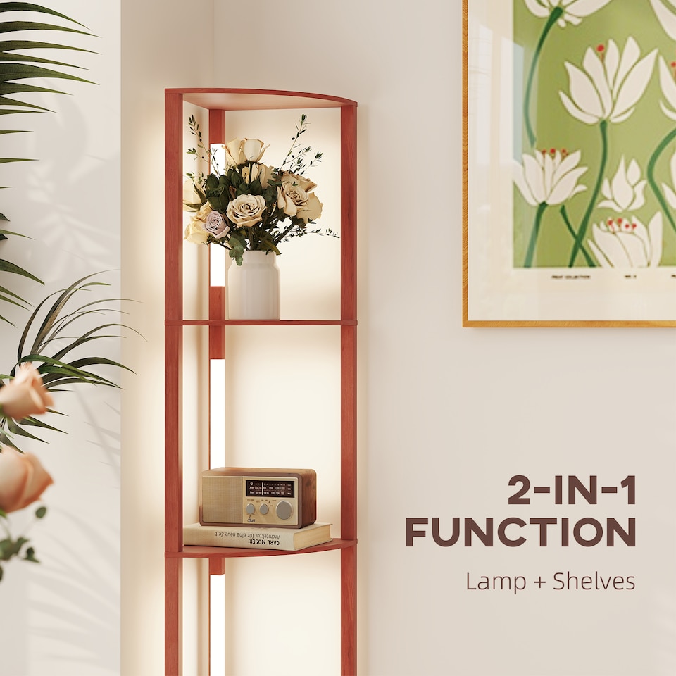 image 1 of HOMCOM LED Floor Lamp with Shelves, 5-Tier Dimmable Standing Lamp with Adjustable Brightness and Foot Switch, Modern Corner Display Shelf Unit for Living Room Bedroom Office, Brown | Brown