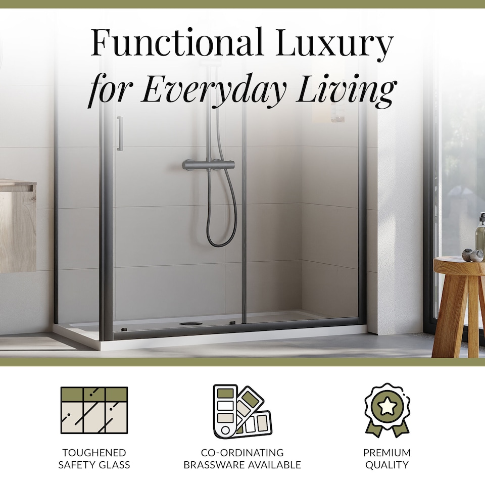 image 1 of Balterley Sliding Shower Suite with 6mm Safety Glass Door, Side Panel & 1400 x 700mm Shower Tray in Matt Black Frame | Black | Matt Black | 3