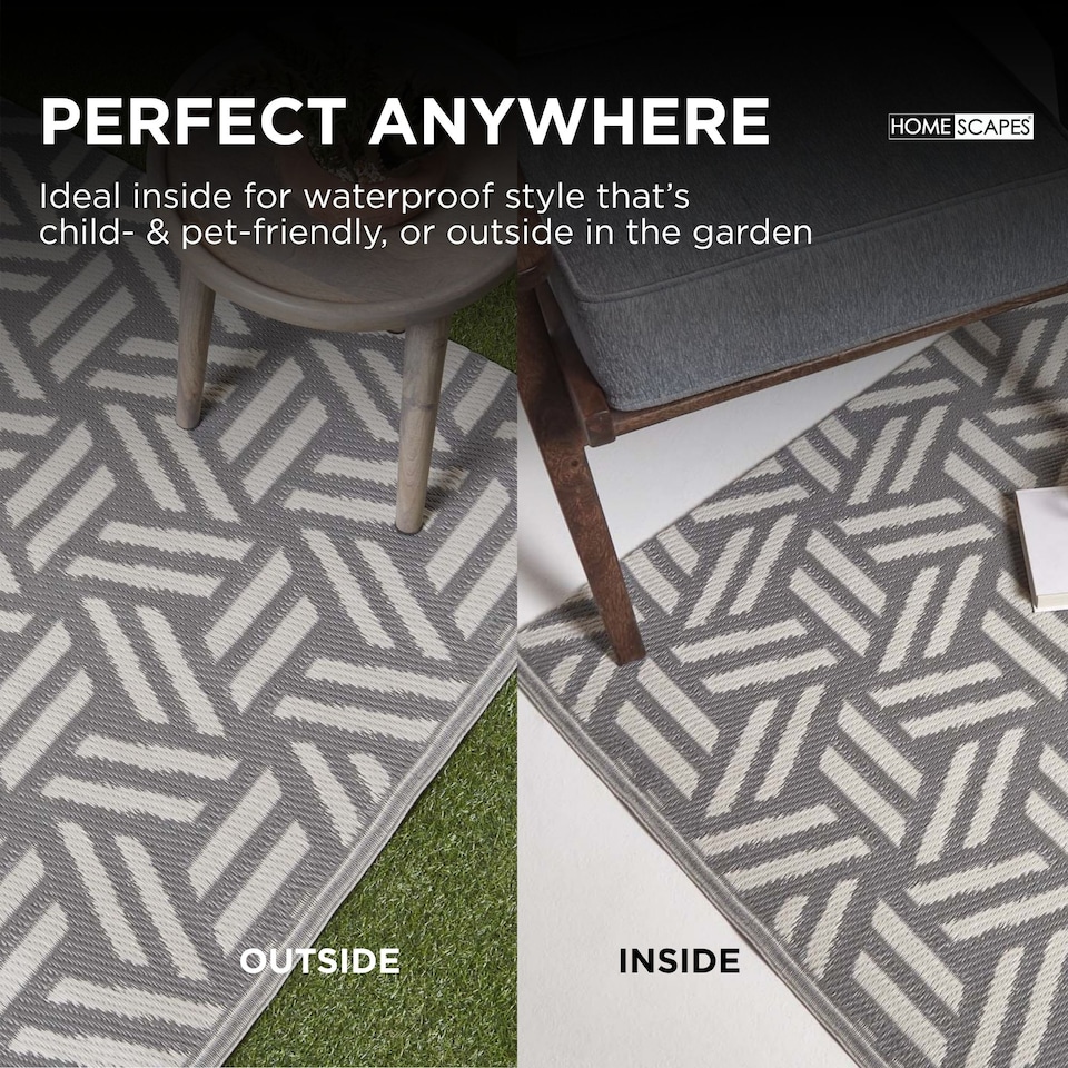 image 1 of Homescapes Outdoor Rug Luxury Waterproof Reversible Recycled, For Garden, Luna Geometric | Grey | Grey and White