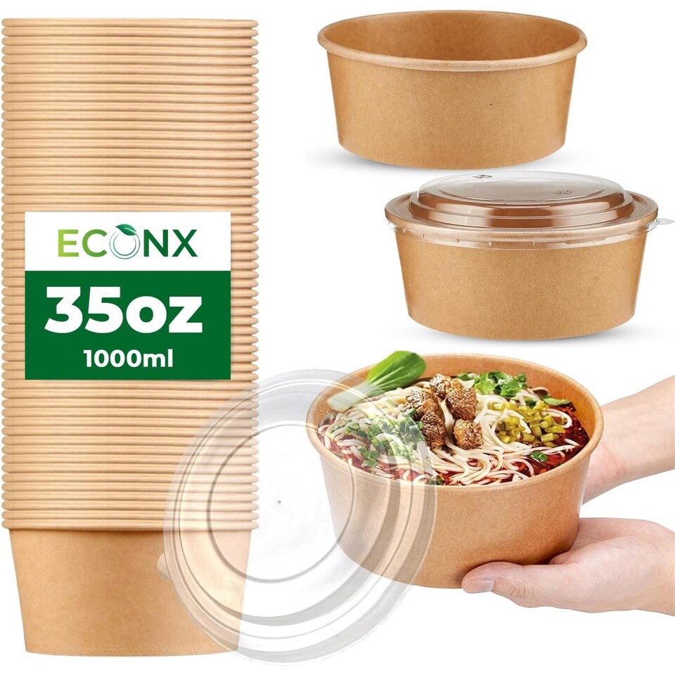 image 1 of ECONX 35oz 1000ml Salad Paper Bowls with Lids Disposable Takeaway Bowls Food Container 50pc