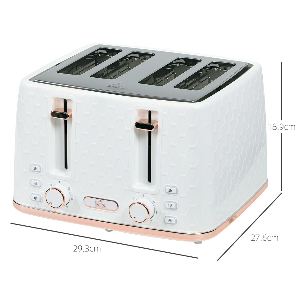 image 1 of HOMCOM Toaster with 4 Slot, 7 Browning Levels, 1600W, White Honeycomb White | Pink accents | 29.3L x 27.6W x 18.9H cm