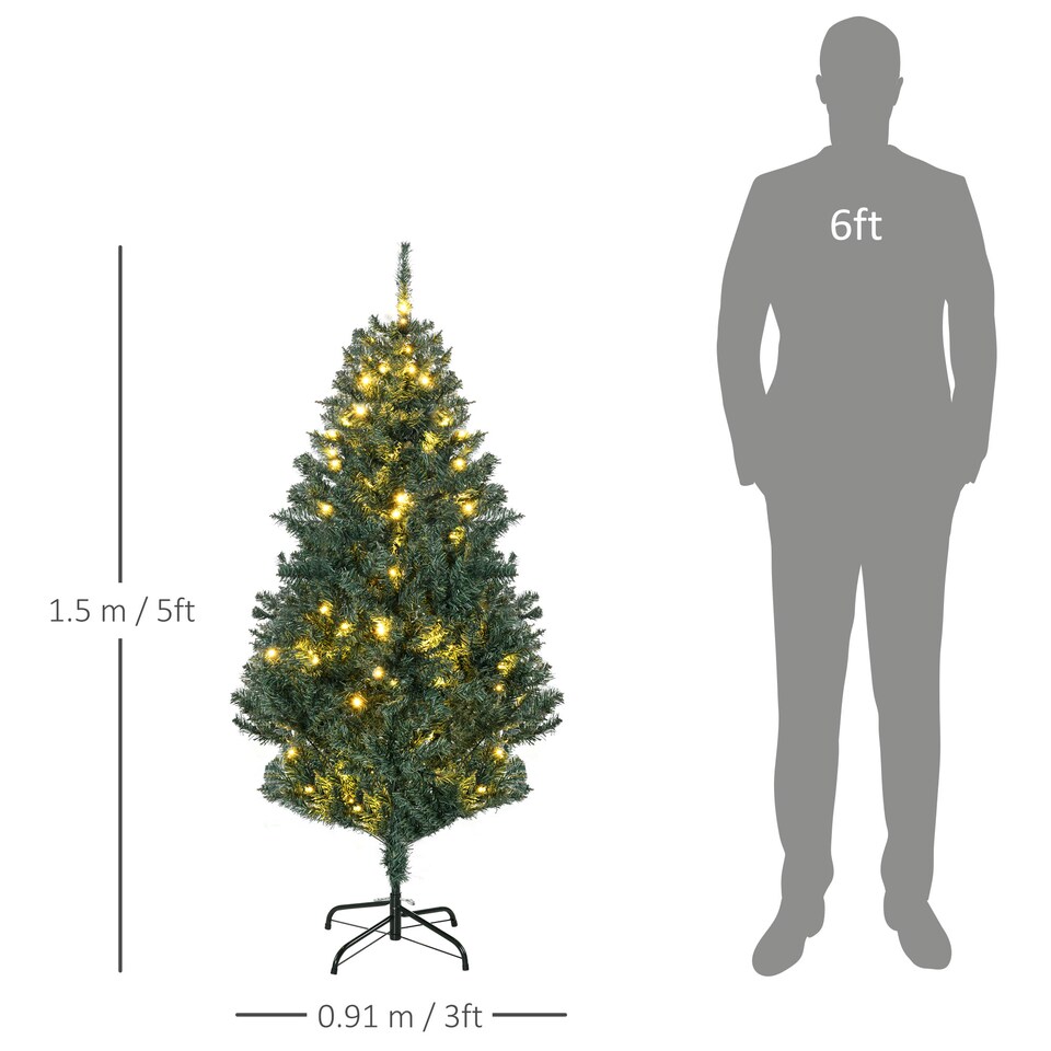 image 1 of HOMCOM 5ft Pre Lit Artificial Christmas Tree Holiday Decor with 100 Warm White LED Lights and 472 Tips, Banner, Ball, Tag, Tree Decoration, Auto Open