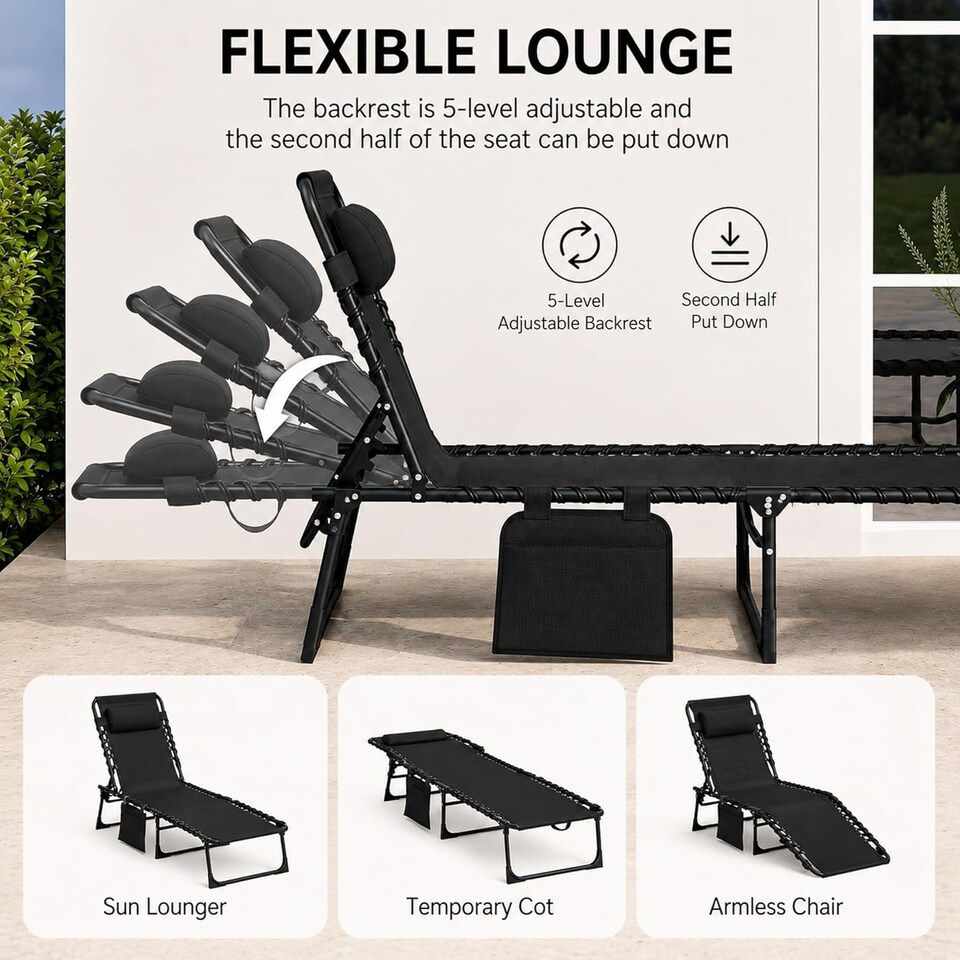 image 1 of Black Folding Sun Lounger with Adjustable Backrest - Portable Sunbed Chair, Steel Frame, Oxford Fabric, Garden Recliner Bed
