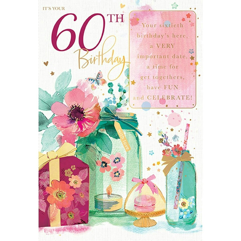 Words 'n' Wishes Moments in Time Female 60th Birthday Card from Artistic Flowers and Presents, Gold Foil Finish