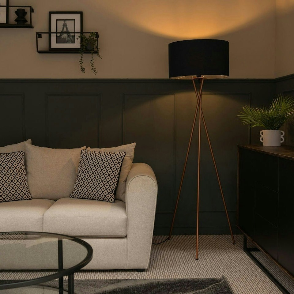 image 1 of ValueLights Camden Copper Tripod Floor Lamp with Navy Blue Shade Blue