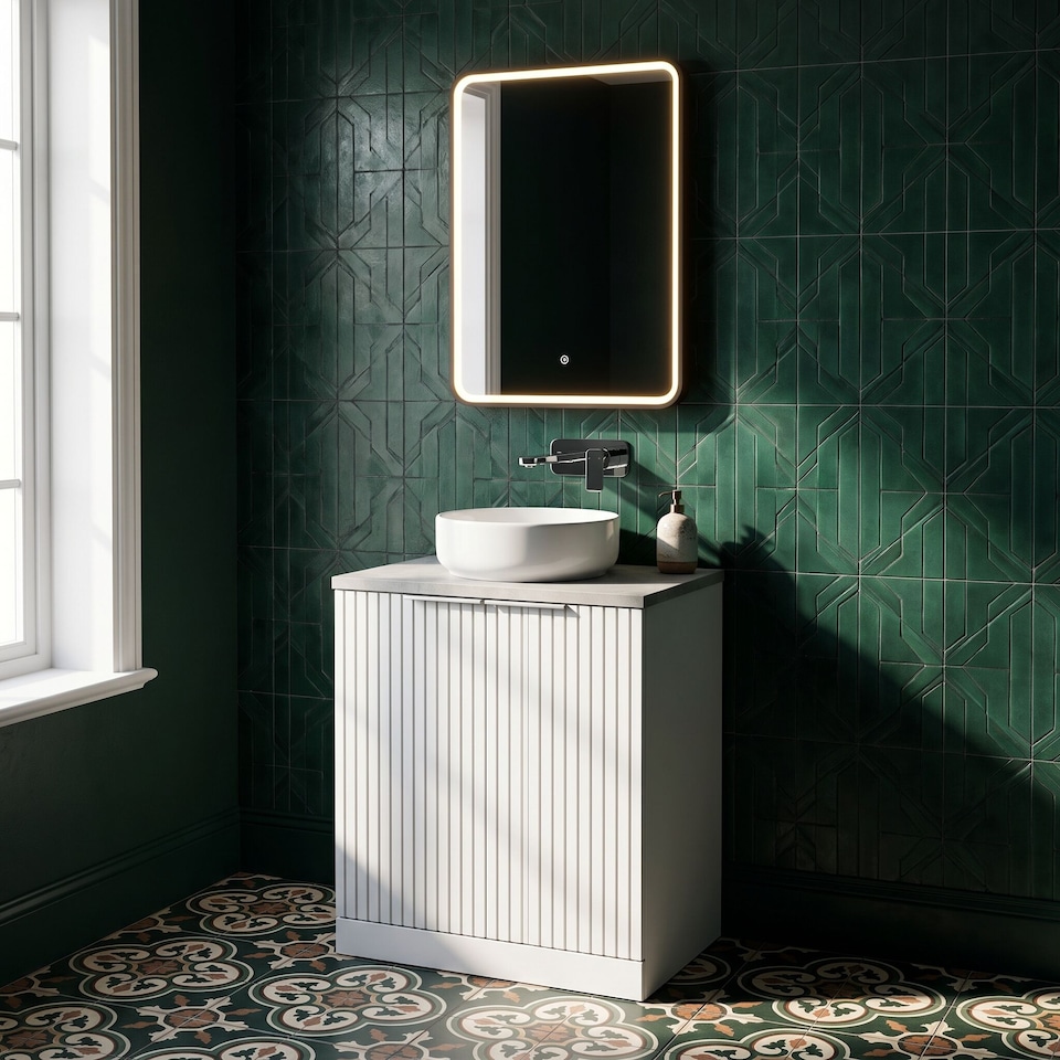 image 1 of Balterley Callingwood Contemporary Floor Standing 2 Door Vanity Unit with Bellato Grey Laminate Worktop , 600mm, Matt White