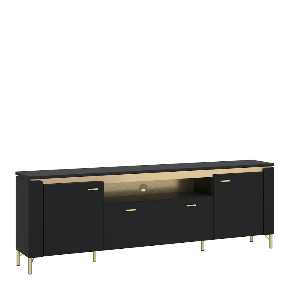image 1 of Genoa TV Cabinet 2 Door 1 Drawer 200cm Wide in Black Matt/Gold