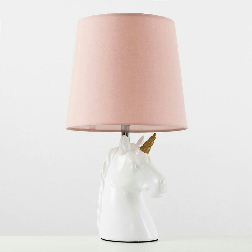 image 1 of ValueLights Pair Of Gloss White And Gold Ceramic Unicorn Table Lamps With Pink Light Shades