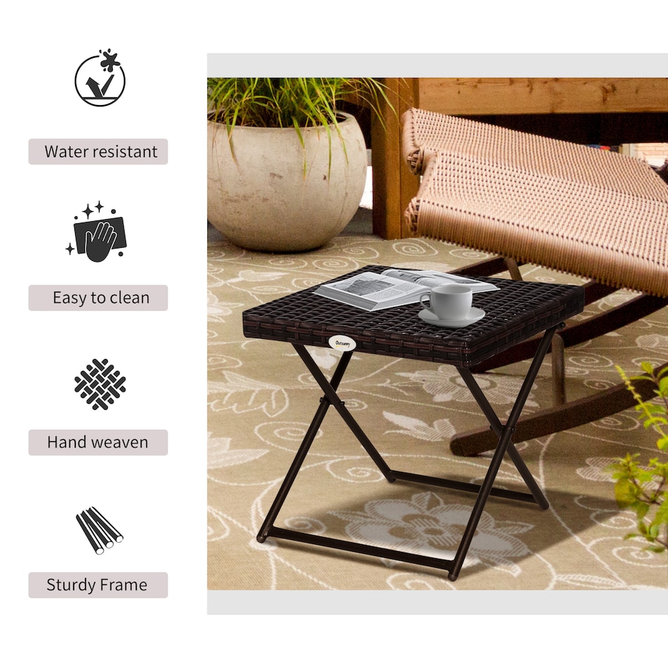 image 1 of Outsunny Folding Square Rattan Coffee Table w/ Steel Frame Bistro Garden Brown | Brown