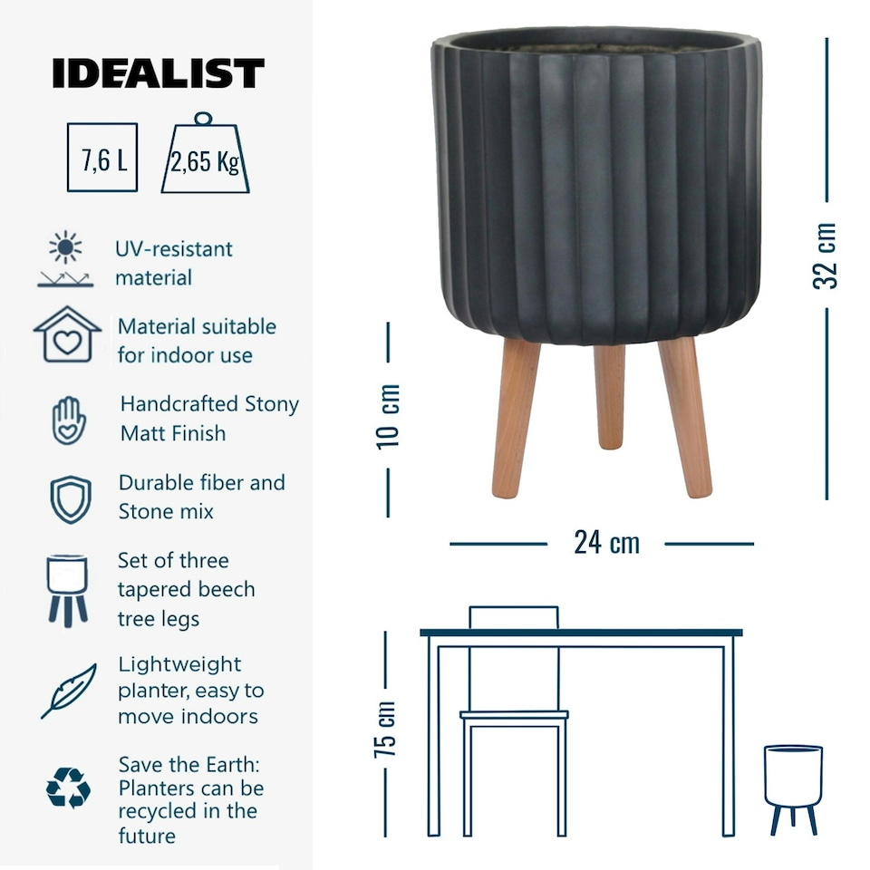 image 1 of Modern Ribbed Black Cylinder Planter on Legs, Round Pot Plant Stand Indoor D24 H32 cm, 7.6 ltrs Cap.
