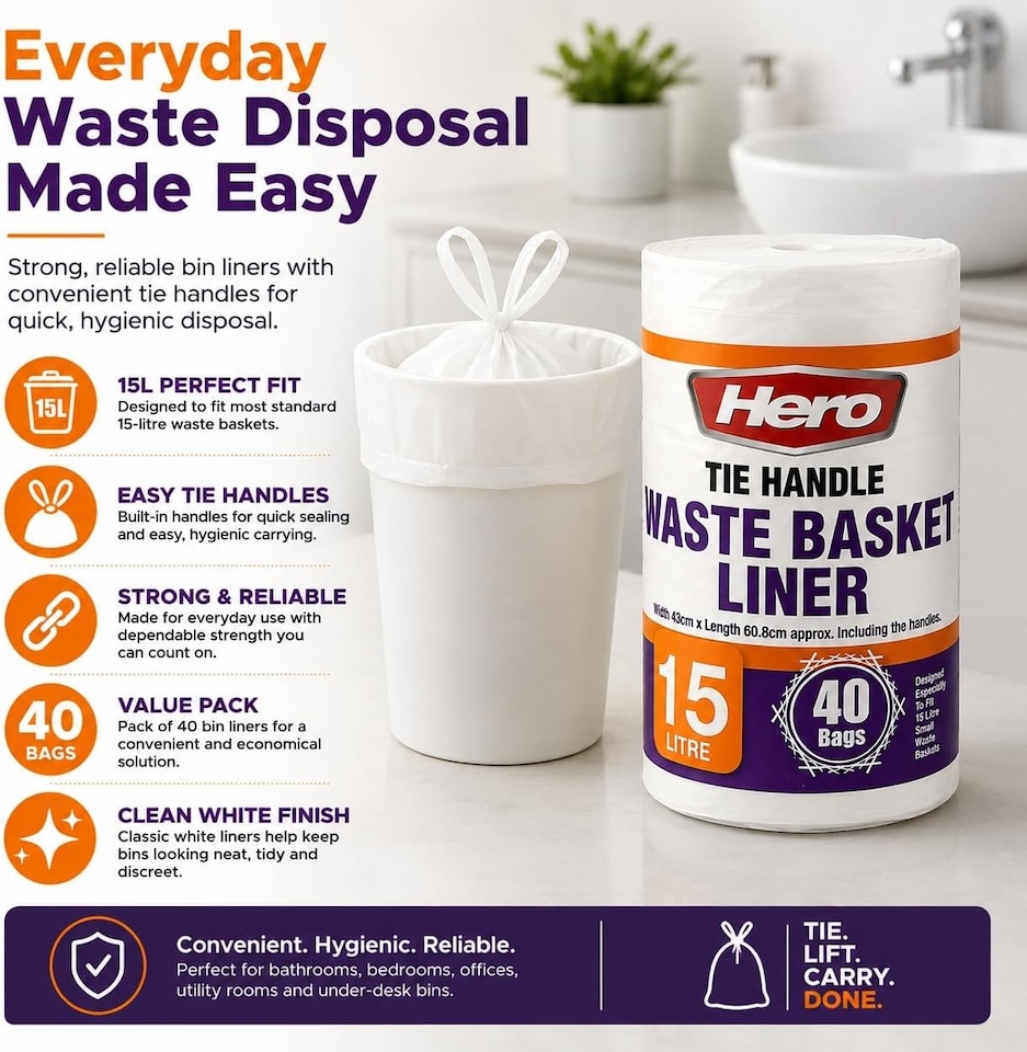 image 1 of Hero 15L White Tie Handle Bin Liners - Pack of 40 Small Waste Basket Bags for Bathroom, Bedroom, Office & Utility Bins