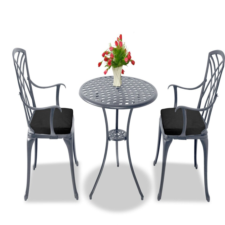 image 1 of Centurion Supports OSHOWA Luxurious Garden and Patio Table and 2 Large Chairs with Armrests Cast Aluminium Bistro Set - Grey with Black Cushions