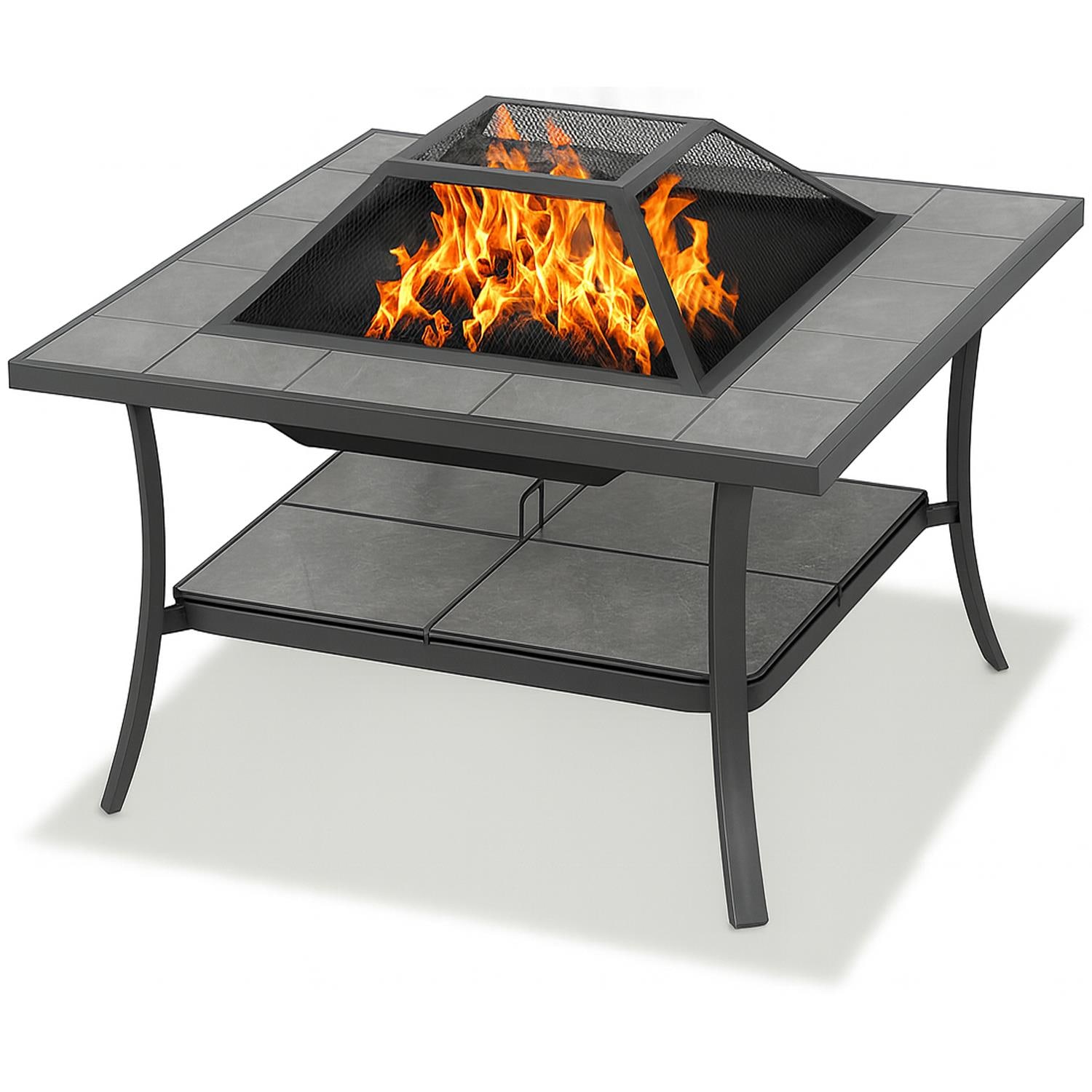 Centurion Supports SHANGO Premium Multi-Functional Black with Ceramic Tiles Outdoor Garden and Patio Square Heater Fire Pit Brazier and Outdoor Table