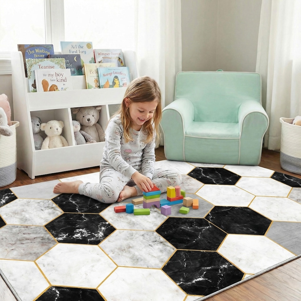 image 1 of Short Pile Rectangular Hexagon Pattern Rug 60x110cm