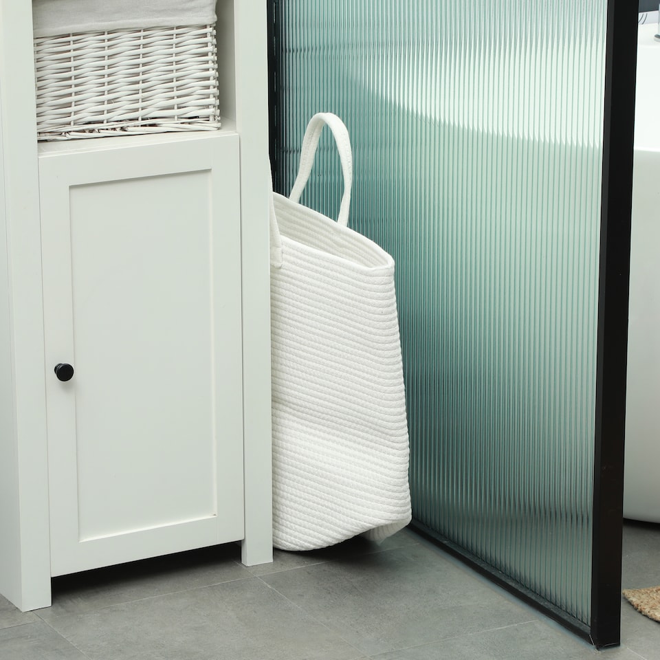 image 1 of HOMCOM 36L Laundry Hamper, Cotton Rope Laundry Basket with Handles, Collapsible Washing Bin, 38 x 45cm, Cream White