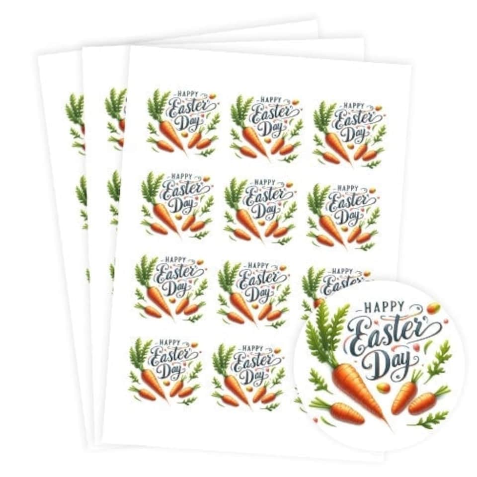 image 1 of Happy Easter Carrots Round Stickers 60mm - Sheet of 12