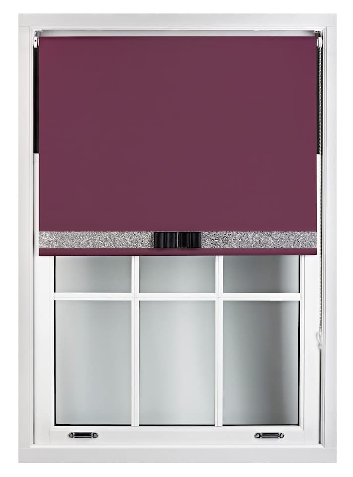 image 1 of FURNISHED Blackout Roller Blind with Silver Glitter Trim and Black Bow Trimmable Window Shade | Purple | Aubergine | (W) 220cm x (L) 165cm