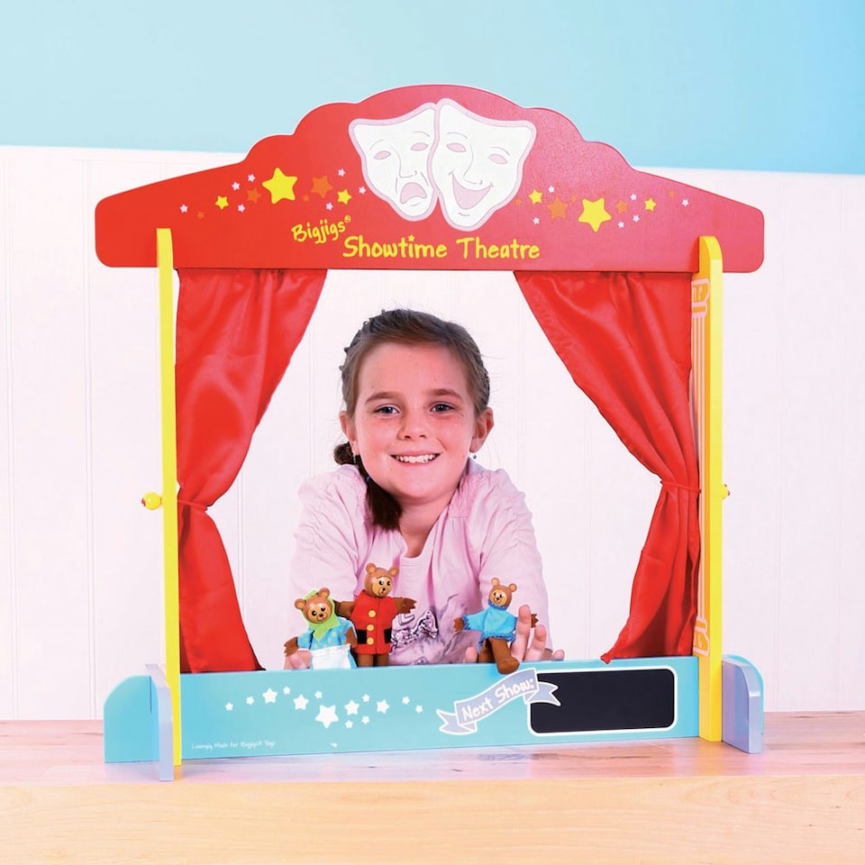 image 1 of Bigjigs Toys Wooden Table Top Theatre, With Red Silk-Effect Curtains & Chalkboard