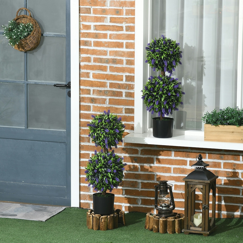 image 1 of HOMCOM Set of 2 Potted Artificial Plants Ball Tree with Lavender Flowers, 70cm