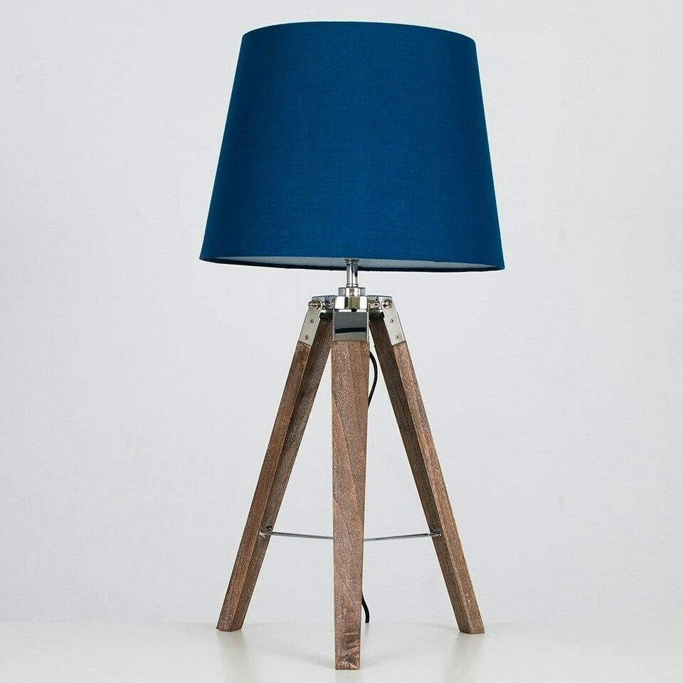 image 1 of ValueLights Distressed Wood and Silver Chrome Tripod Table Lamp with a Navy Blue Tapered Light Shade - Complete with a 6w LED GLS Bulb 3000K Warm White