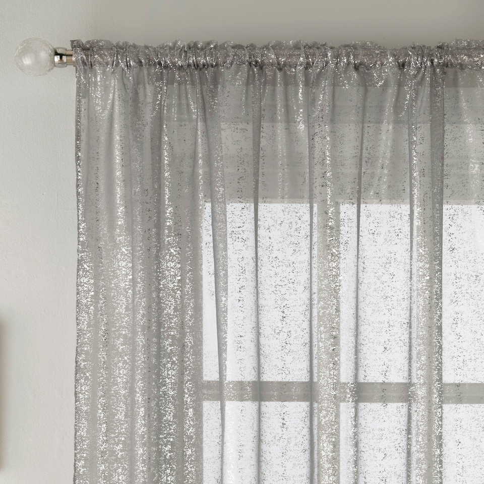 image 1 of Pair of Pandora Grey Metallic Print Voile Panels 122 cm (48 inch) Rod Pocket Panels for Bedroom and Living Room