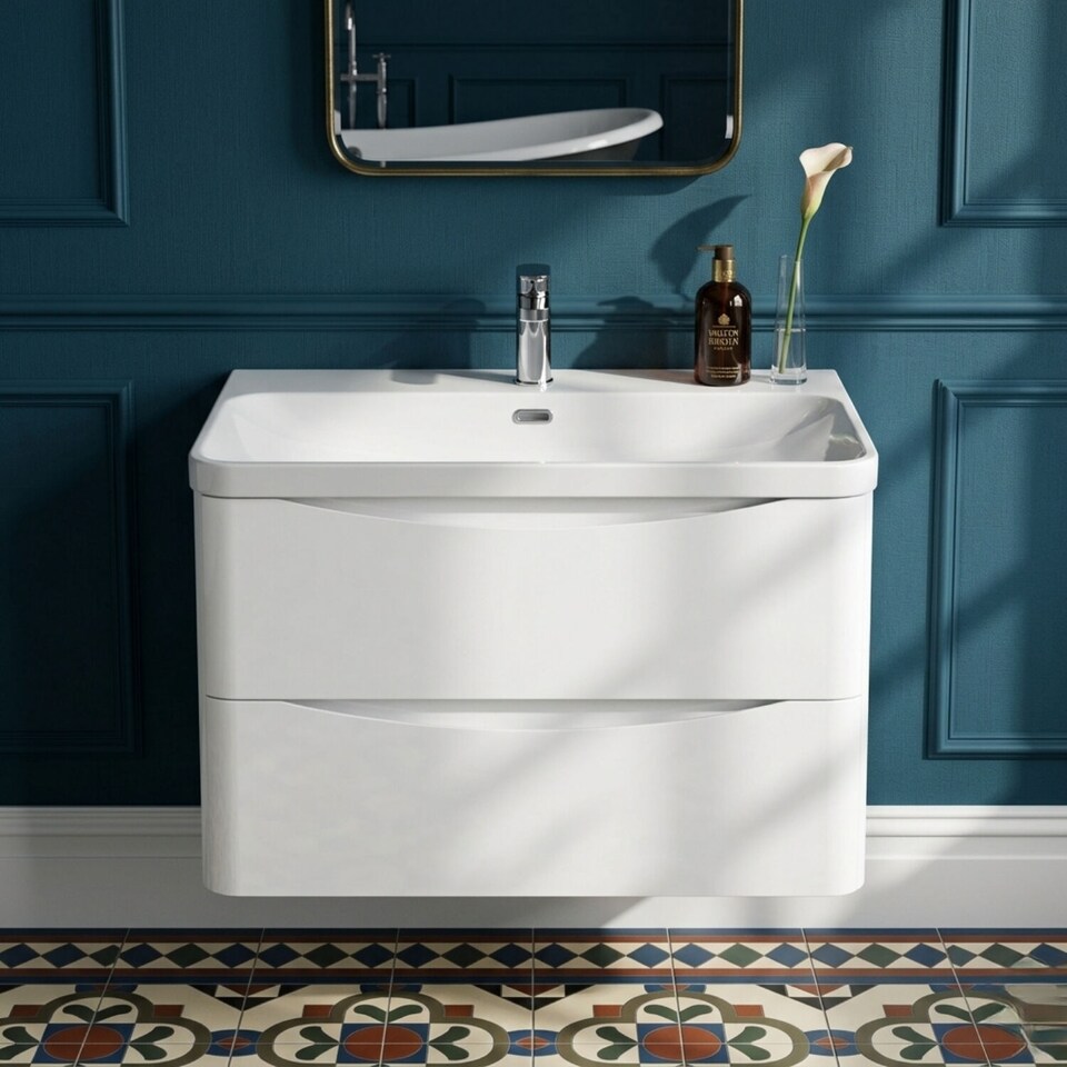 image 1 of Balterley Arch Modern Bathroom Wall Hung 2 Drawer Vanity Unit & Ceramic Basin | White | Satin White