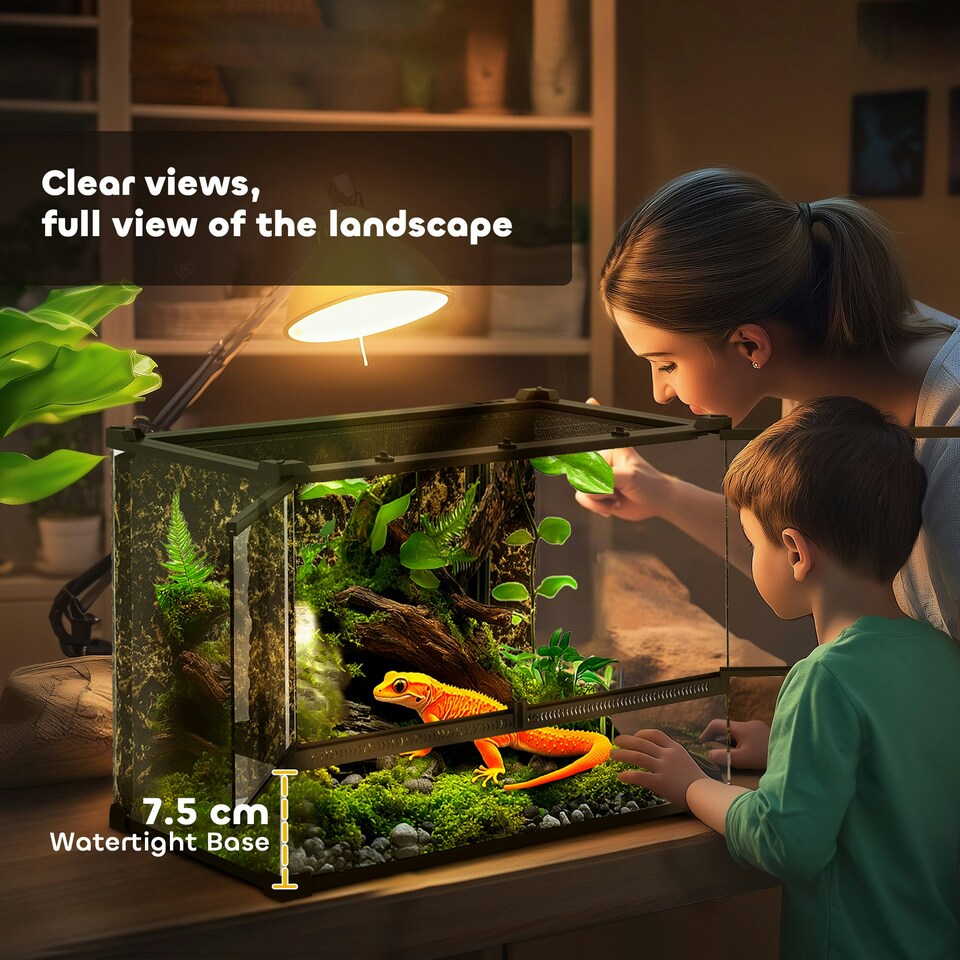 image 1 of PawHut 48L Glass Terrarium, Reptile Vivarium with Stone Background, Black