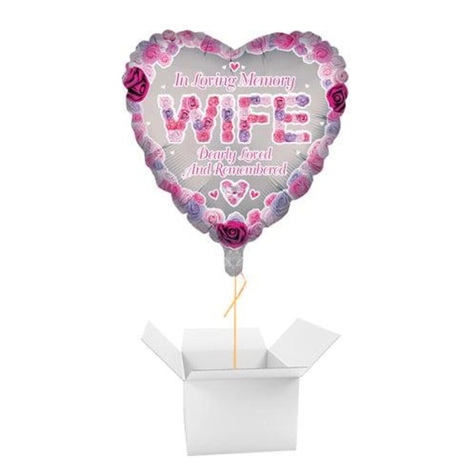 In Loving Memory Wife Heart Shaped Memorial Foil Helium Balloon - Inflated Balloon in a Box Pink
