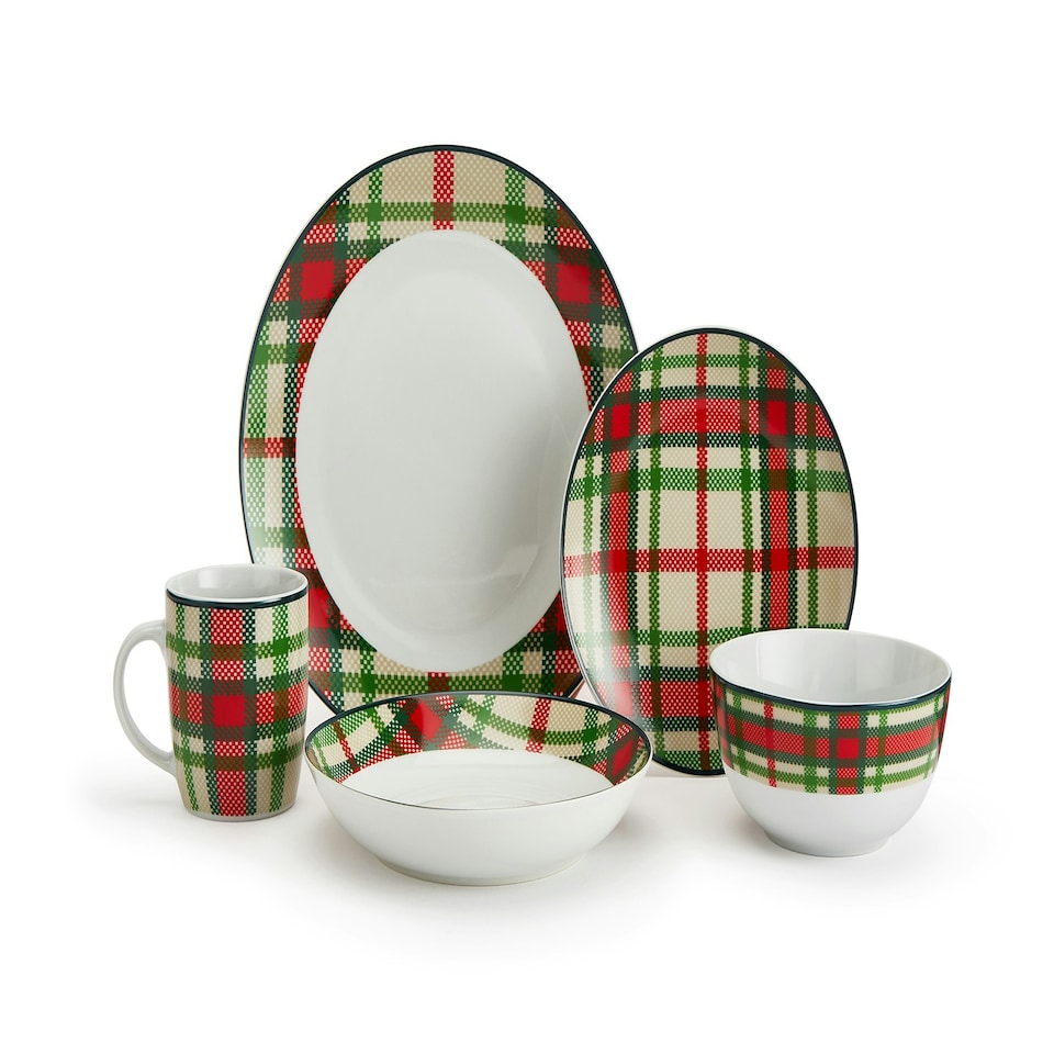 image 1 of 30pc Green Tartan Dinner Set