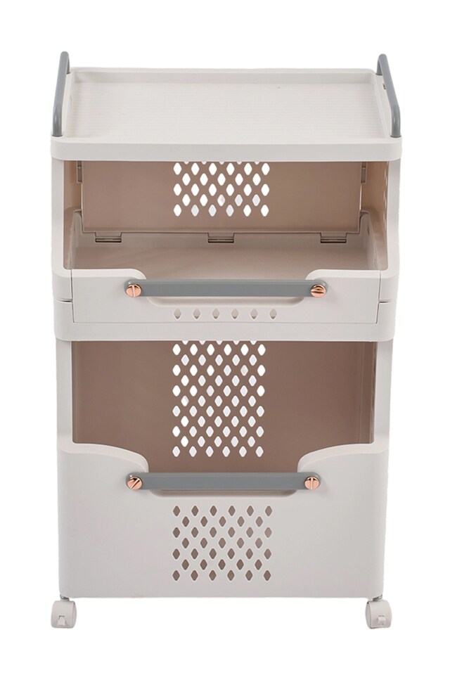 image 1 of Living and Home 3-Tier Foldable Rolling Laundry Sorter Basket Storage Rack | White | 3 Tier