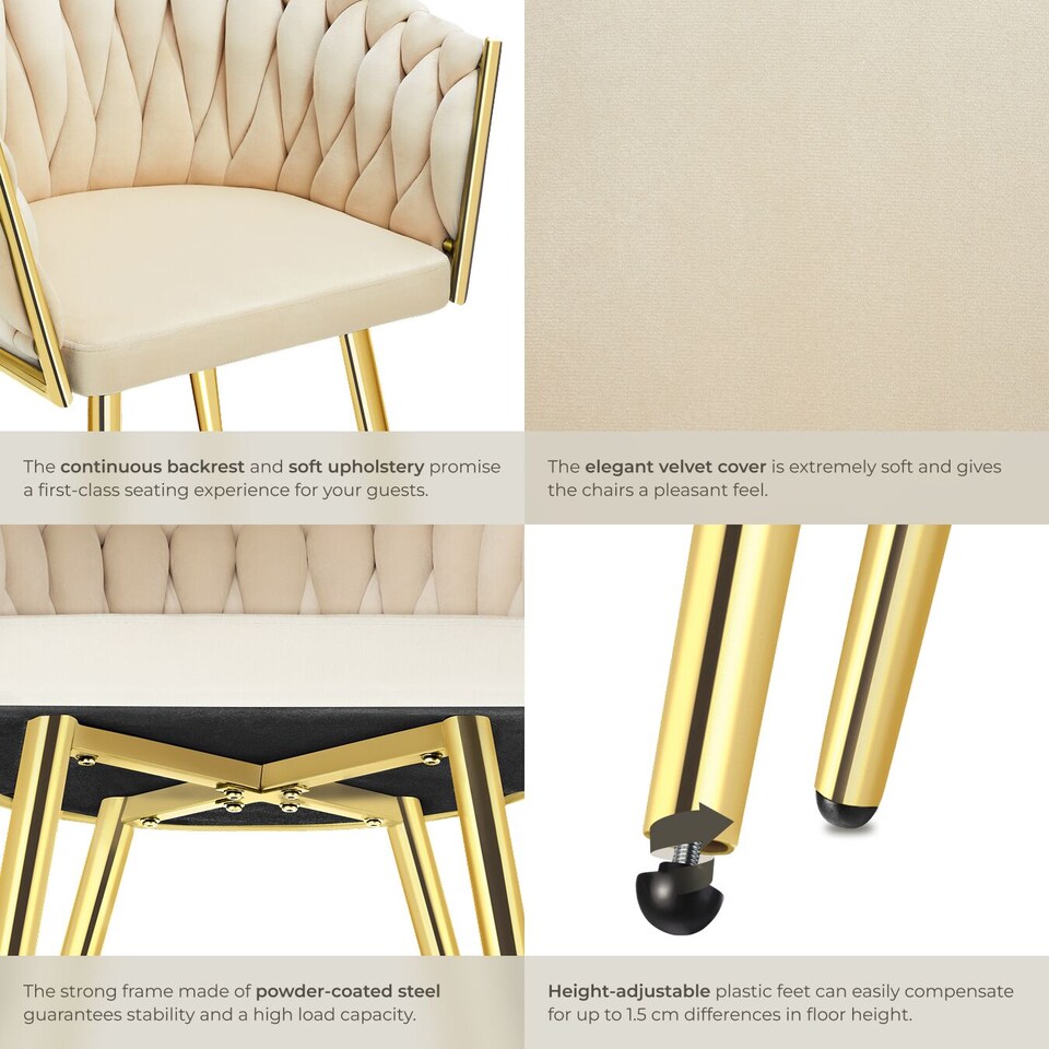 image 1 of Dining Chair Astano - padded, velvet, knot design, continuous backrest | Cream | sand-colored/gold | One Size | 2