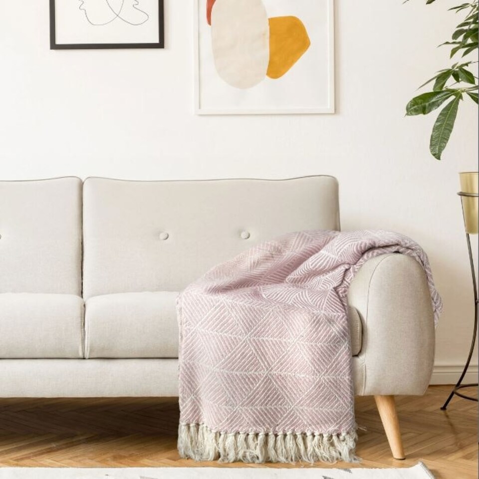 image 1 of Geo Diamond Collection Recycled Cotton Throw in Blush Pink (90" x 100") Pink | Pink