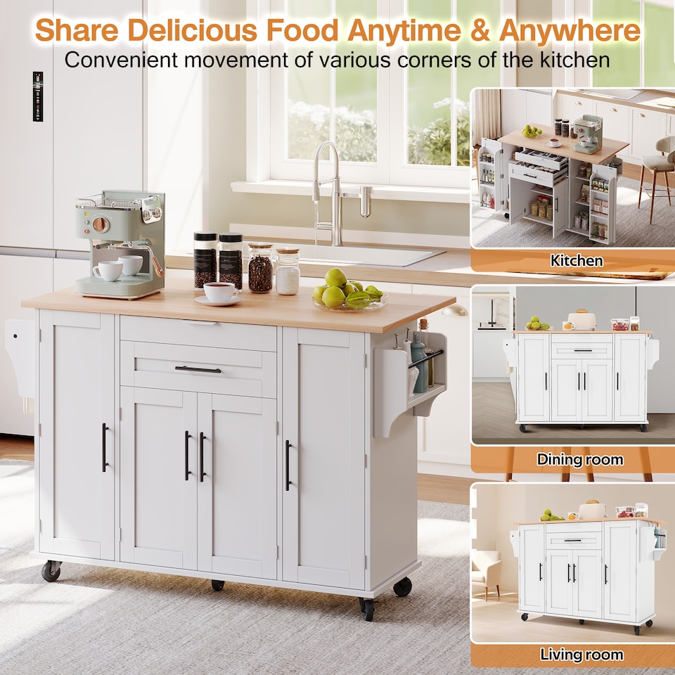 image 1 of VILUXE Mobile Kitchen Island with Foldable Worktop, Hidden Cutlery Drawer, Large Drawer, Adjustable Shelves, Door Racks, Towel Rack, Spice Rack and 5 Wheels, White and Natural Wood