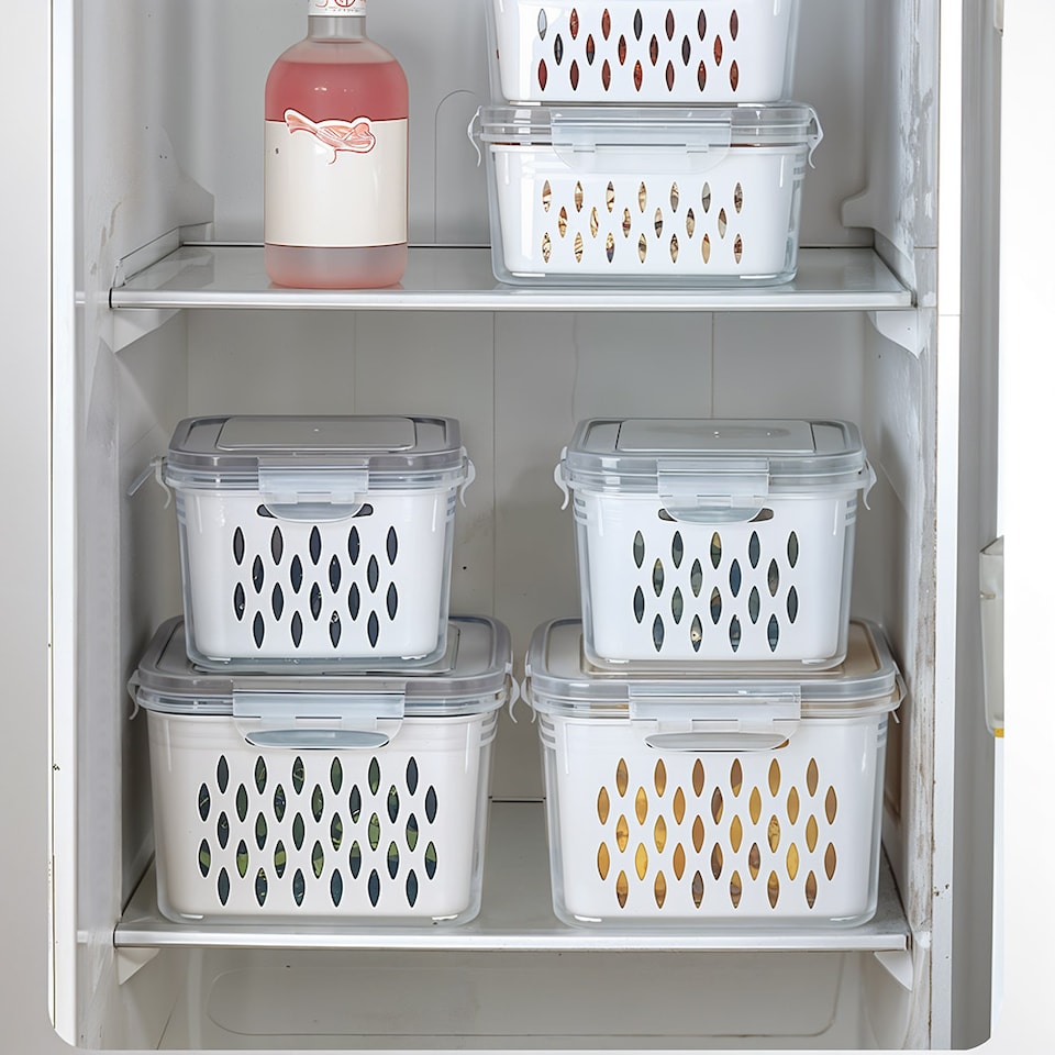 image 1 of Living and Home 3pcs Fridge Storage Containers Box with Removable Drain Baskets | Grey