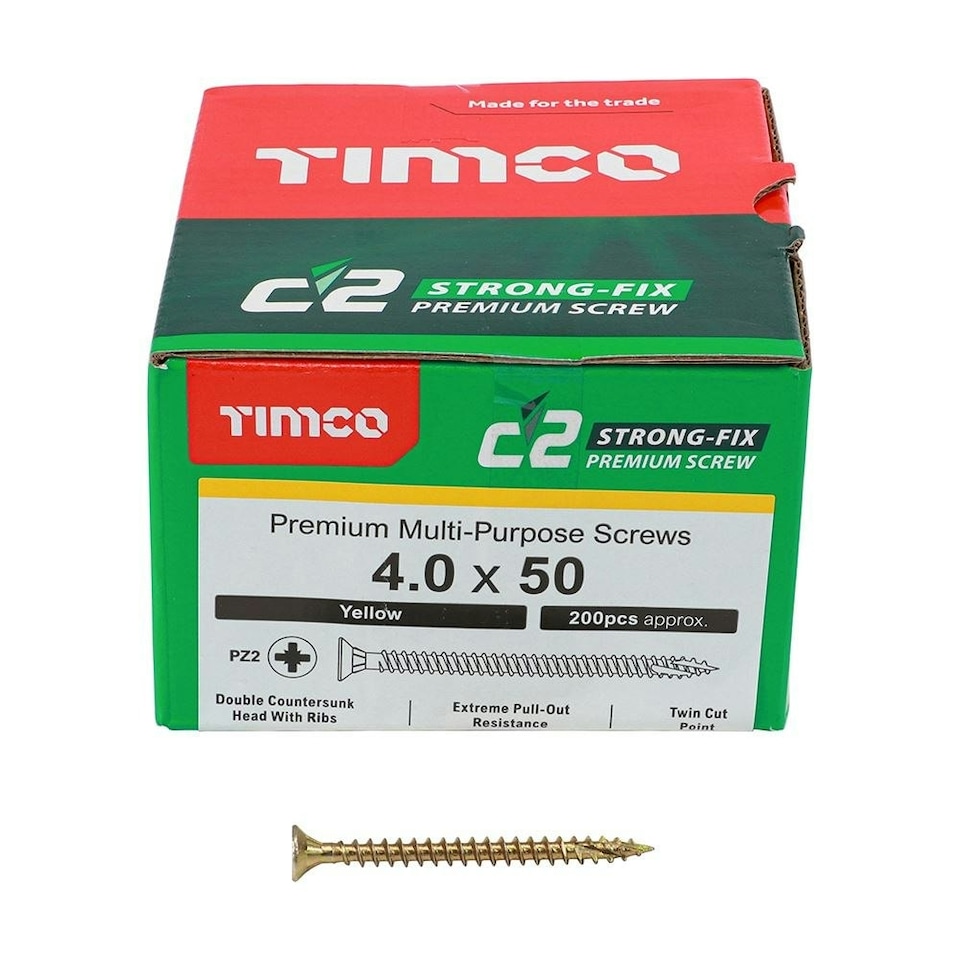 image 1 of Timco - C2 Strong-Fix Multi-Purpose Premium Screws - PZ - Double Countersunk - Yellow (Size 4.0 x 50 - 200 Pieces)