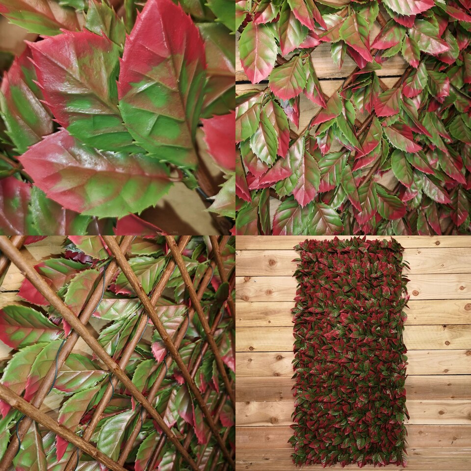 image 1 of 100cm x 200cm Artificial Fence Garden Trellis Privacy Screening Indoor Outdoor Wall Panel - Red Beech Leaf