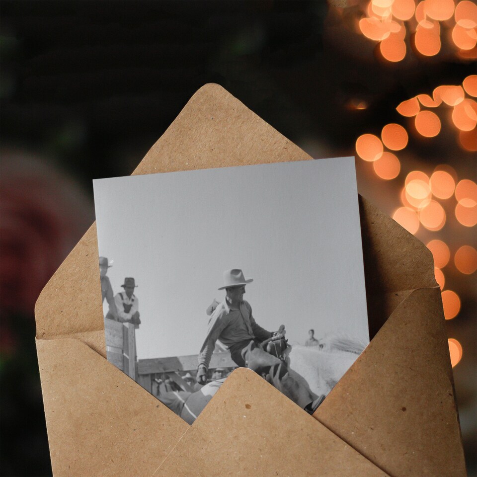 image 1 of Russell Lee Cowboy at Bean Day Rodeo Action Shot Art Greeting Card