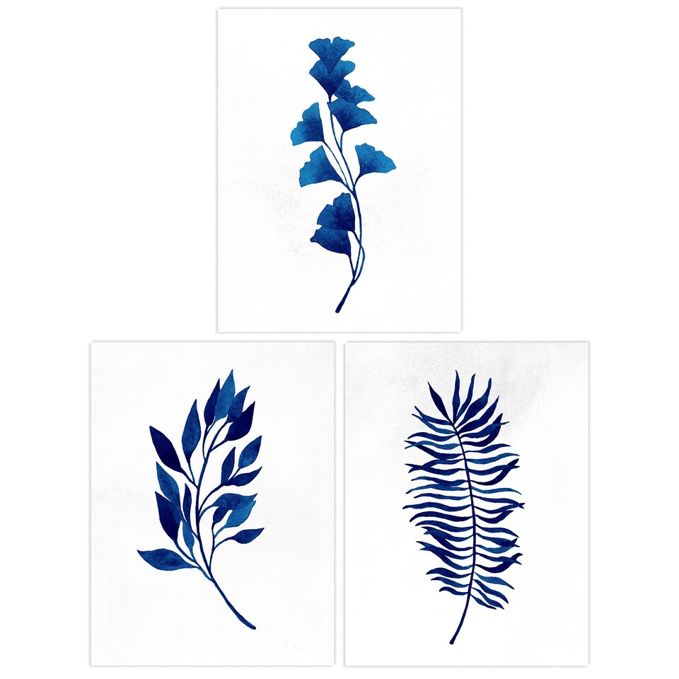 image 1 of Set of 3 Flower Plant Leaf Blue Watercolour Botanical Home Decor Wall Art Print A4
