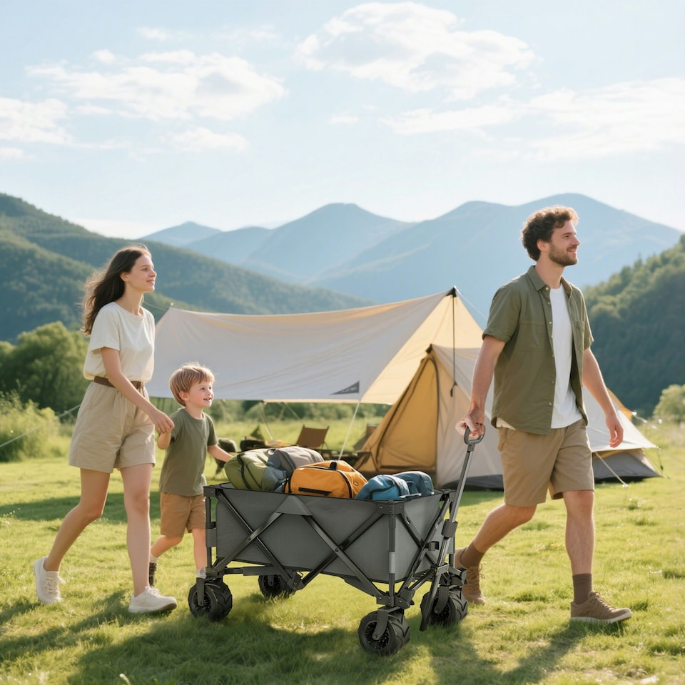 image 1 of Outsunny Outdoor Cart Folding Cargo Wagon Trailer Beach w/ Handle Dark Grey