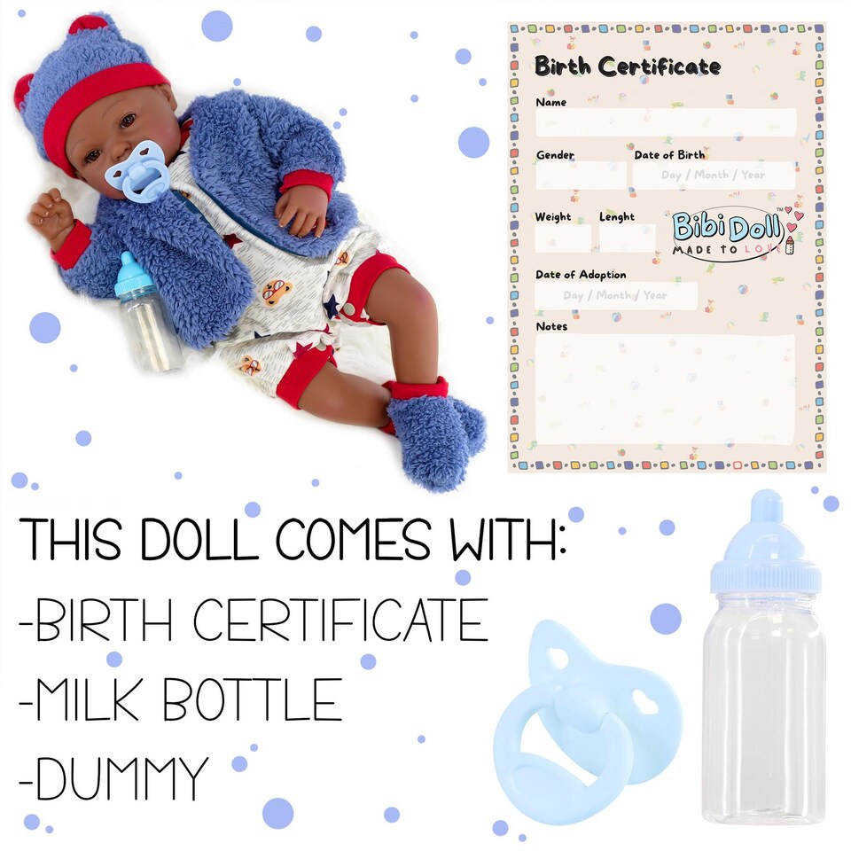 image 1 of BiBi Doll 20" Posy Ethnic Reborn Baby Doll Boy with Dummy & Bottle