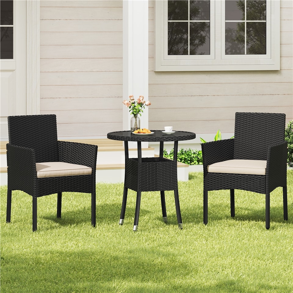 image 1 of Yaheetech 3-Piece Rattan Furniture Set, Woven PE Rattan Chairs & 1 Tempered-Glass Side Table-Black&Beige | Multi | Black/Beige