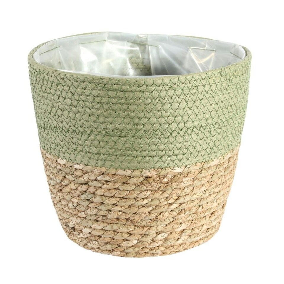 Two Tone Green/Natural Seagrass Lined Basket Planter - H18 x W19cm