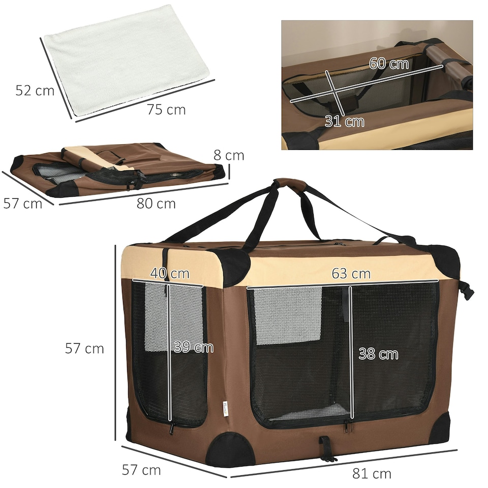 image 1 of PawHut 81cm Foldable Pet Carrier Bag Soft Travel Dog Crate for Medium Dogs Brown