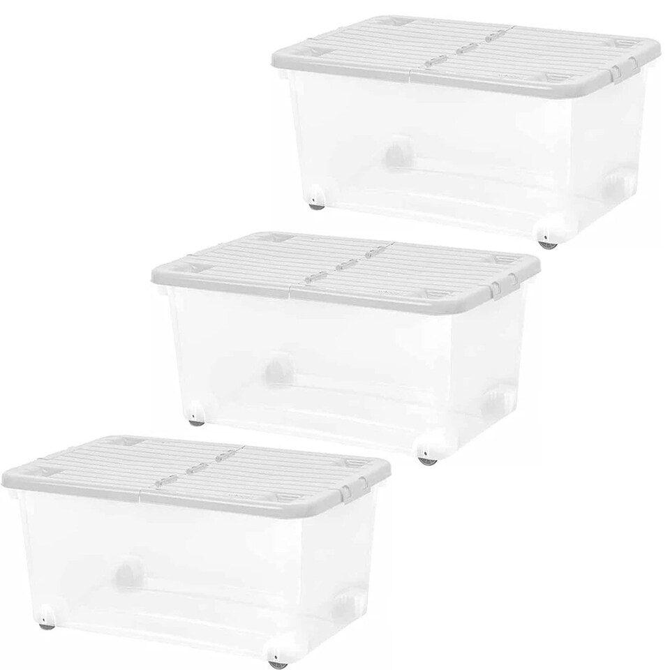 image 1 of 1 x 30 Litre Strong Stackable Folding Split Lid Storage Container Home Office Versatile Container With Wheels Clear