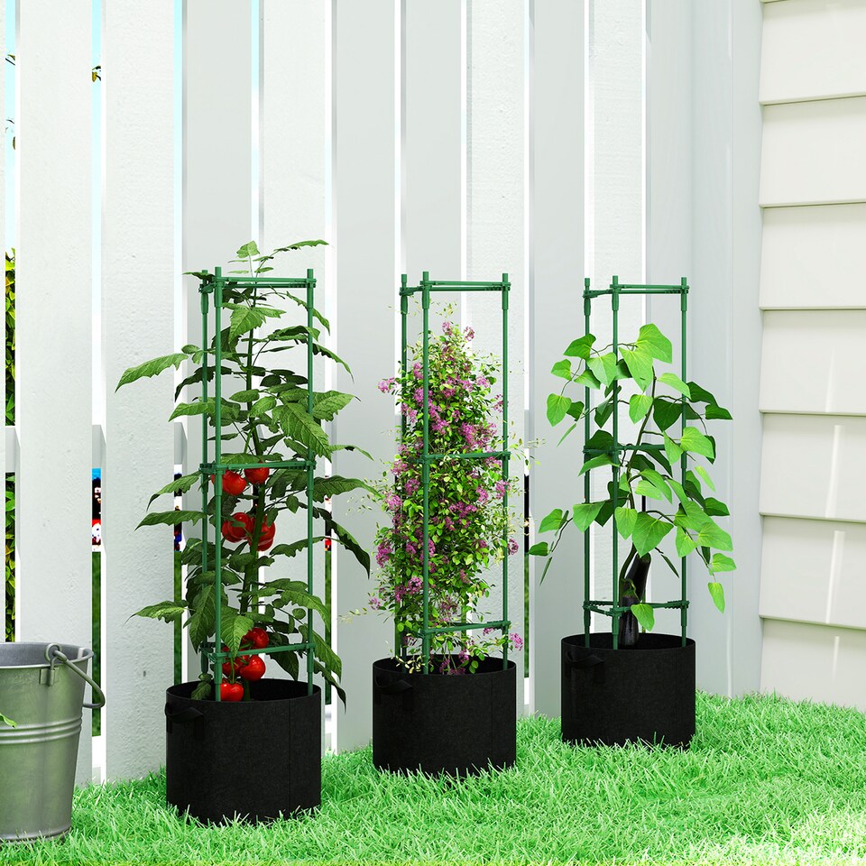 image 1 of Outsunny 3 Packs Tomato Cages with 83.7L Grow Bags, 120cm Plant Stakes | Green | Green