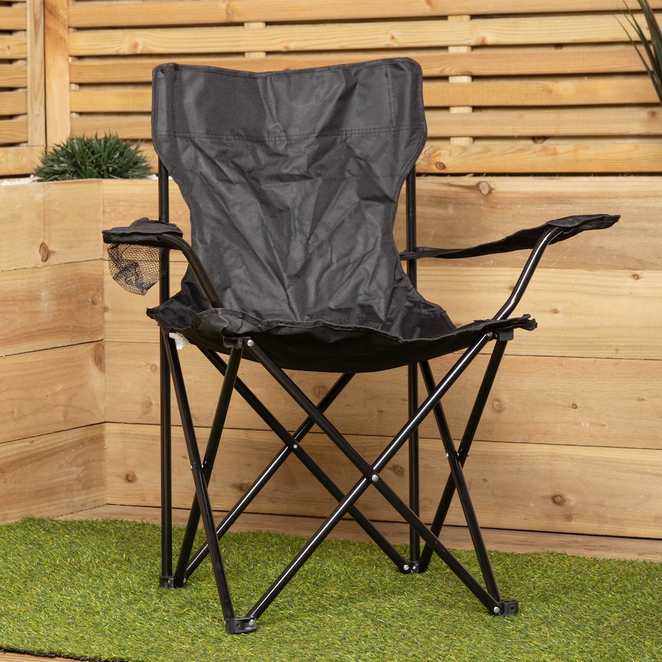 image 1 of Outdoor Black Lightweight Foldable Canvas Chair with Cup Holder and Carry Case | Black | Black